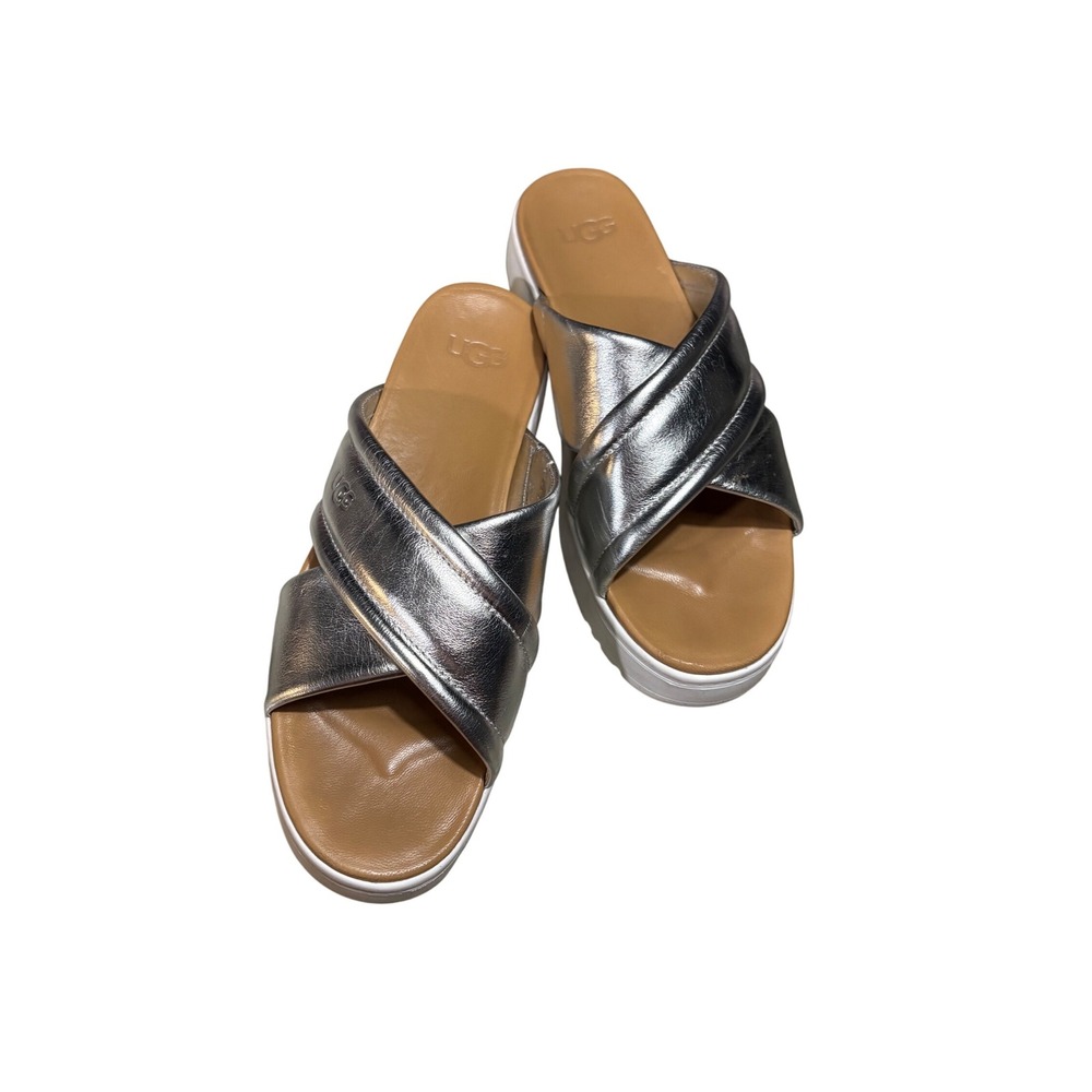 UGG Zayne Crossband Metallic Leather Platform Slides 9